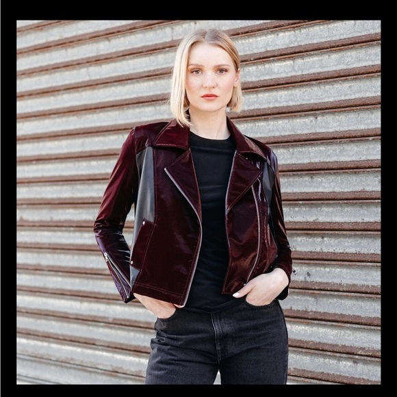 CLARA SUNWOO Jackets & Blazers - Clara Sunwoo Vinyl + Liquid Leather Panel Zip Cuff Jacket Small Mulberry